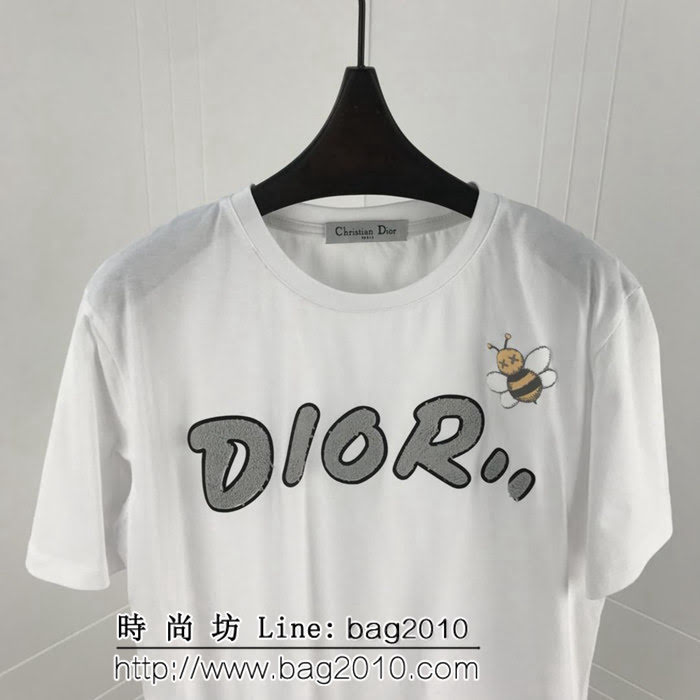 DIOR迪奧 19ss 國外官網限量款 植絨毛巾布Dior字母 發泡印花小蜜蜂 白色短袖衣 男女同款 ydi1865